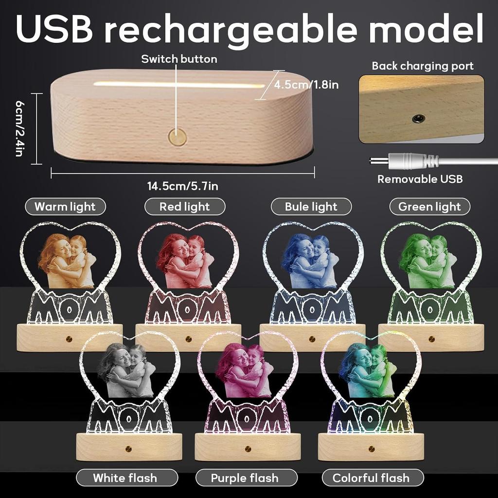 Custom 3D Crystal Photo, Personalized 3D Crystal Night Light Heart-shaped Photo Frame, Best Gift for Couple Love Women Men Wedding (MOM)