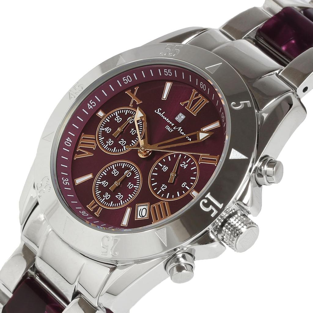 Salvatore Marra Chronograph Uhr mit Acetat und Roségold Zweifarbigen Armband, Silber, Lila, Gold, SM23105-SSPLPG