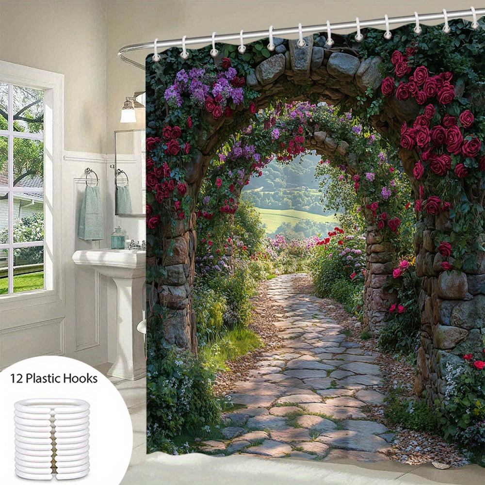 Shower Curtain: Enchanted Garden Path with Stone Archway and Blooming Roses for a Romantic and Scenic Bathroom Decor