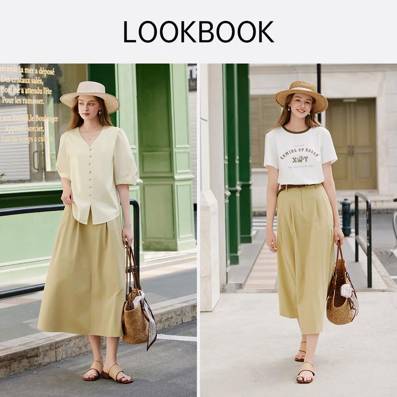Xiangying Women's Khaki Cotton Retro A-Line Midi Skirt