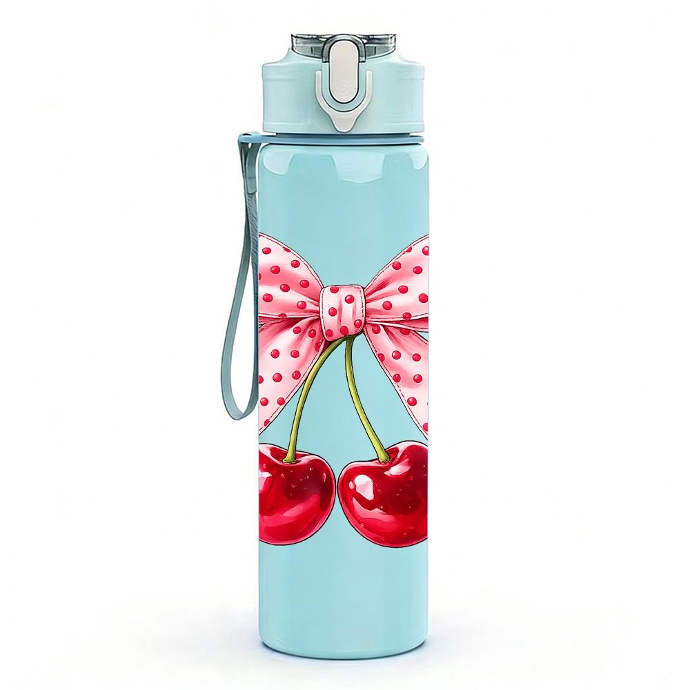 1PC Pink Bow Pair Red Cherry Print 750ml Color Plastic Sports Water Bottle Leakproof Flip Straw Lid Suitable for Sports Office Home Use