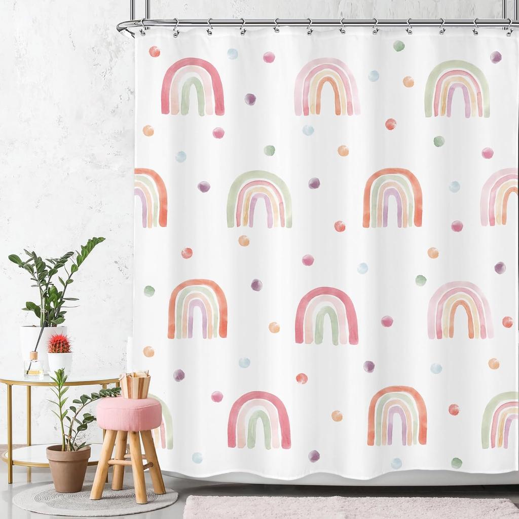 Kids Girls Purple Rainbow Shower Curtain Boho Rainbow Lavender Polka Dots Cartoon Cute Princess Vintage Preppy Girly Bathroom
