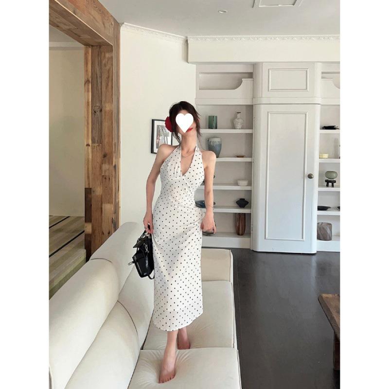

White polka dot v-neck neck dress women s summer sexy backless temperament medium and long skirt S