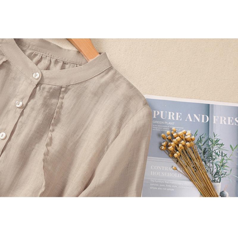 Summer Shirt Art Retro Loose Solid Color Stand Collar Short Sleeve Blouses Women's Shirt Top