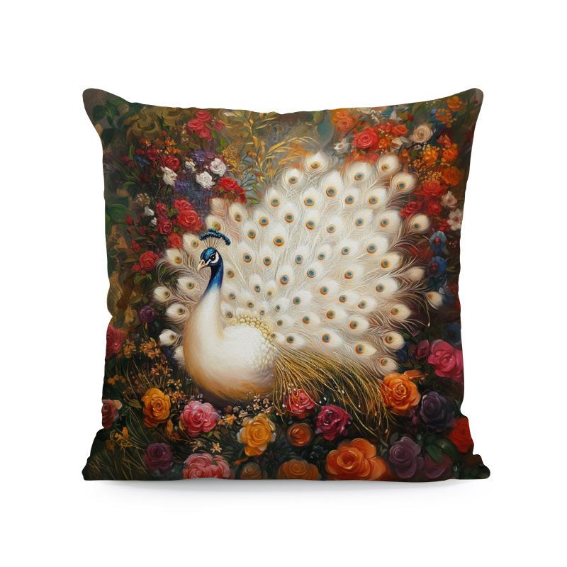 Exotic Cat Print Pillow Cover Zipper Closure Removable Fine One-Side Design Vibrant Blue & Golden Floral Pattern Bedroom, Sofa, Car Pillowcase