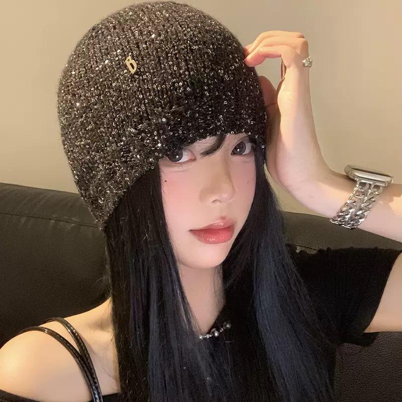 Korean Cold Hat Autumn and Winter Small Fragrance Style Sequin Knitted Hat Showing Face Small Fashionable Bag Head Hat