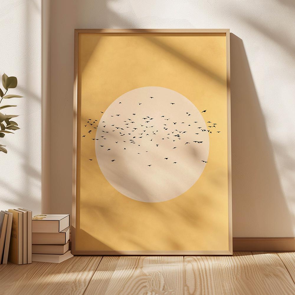 Salbeigrün Gold Japandi Kunstdruck Fliegende Vögel Wandkunst Abstrakte Sonnenkunst Wohnzimmerdeko Japanische Wandkunst Schlafzimmerdeko Geschenk