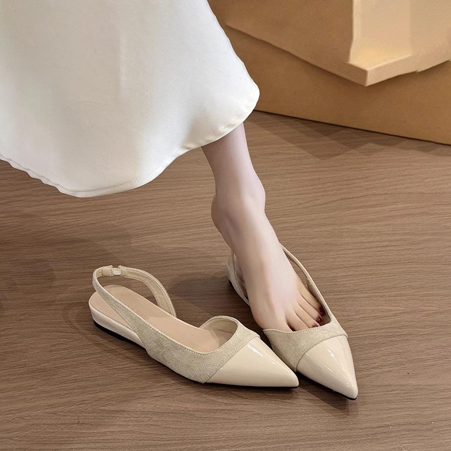 French gentle wind nude low-heeled single shoes women's 2025 summer new pointed head shallow mouth temperament empty bag head sandals