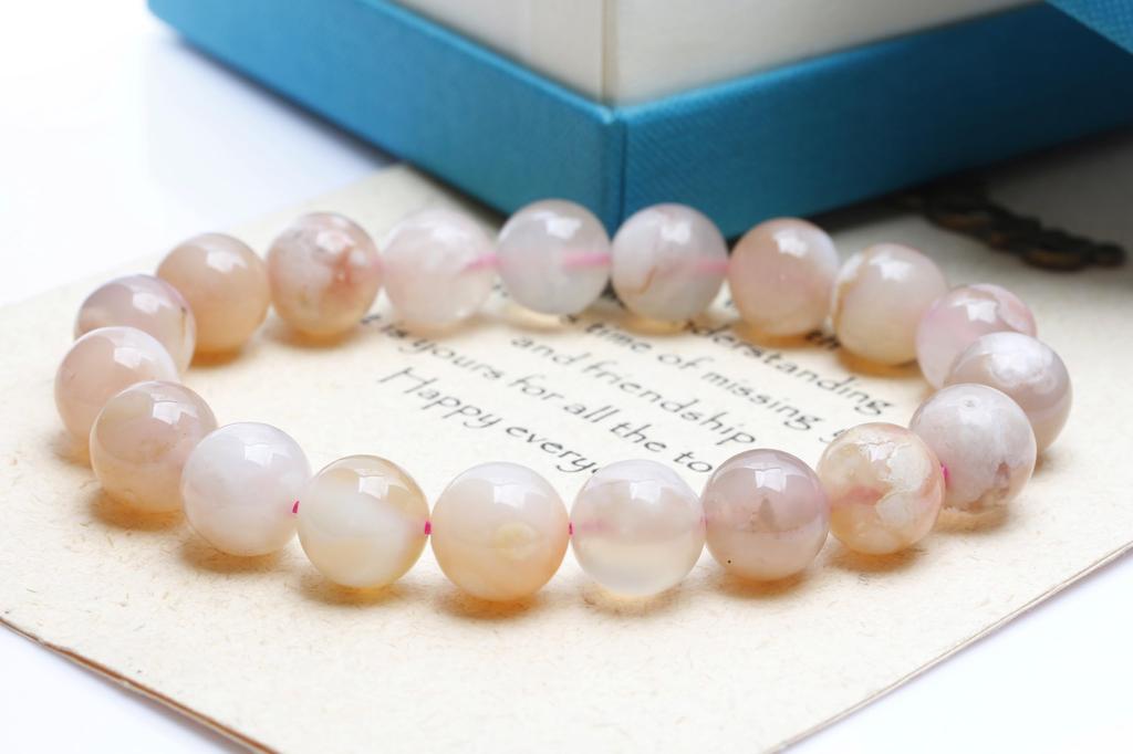 [K.KOUOKU] Natural Sakura Agate Bracelet, 11mm, Power Stone, Agate, Natural Stone, Prayer Beads (Sakura Agate-11mm)