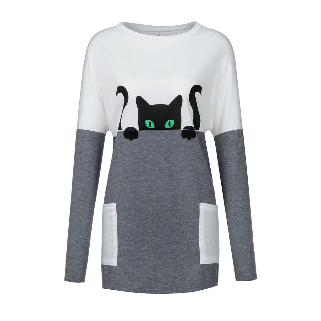 Women Plus Size Cat Printing Pullover Long Sleeve Sweatshirt Shirts Tops