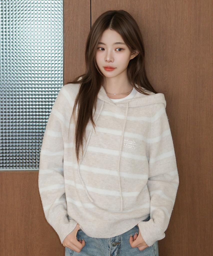 MUAHMUAH Striped Wool Brushed Hoodie Knit [Oatmeal]