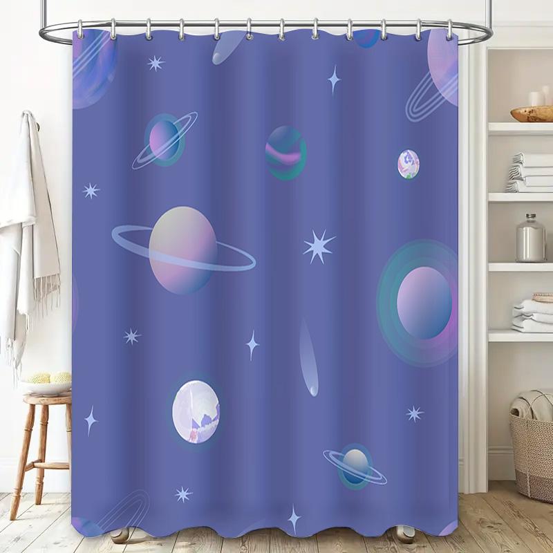 Space-themed Shower Curtain with Rings and Planets Lavender Color for Bathroom Decoration