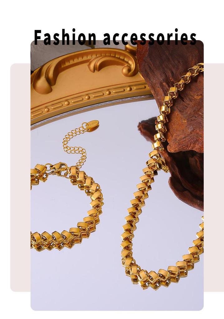 18K Gold Plated Geometric Necklace & Bracelet Set - Copper, Hip Hop Style, Color Retention