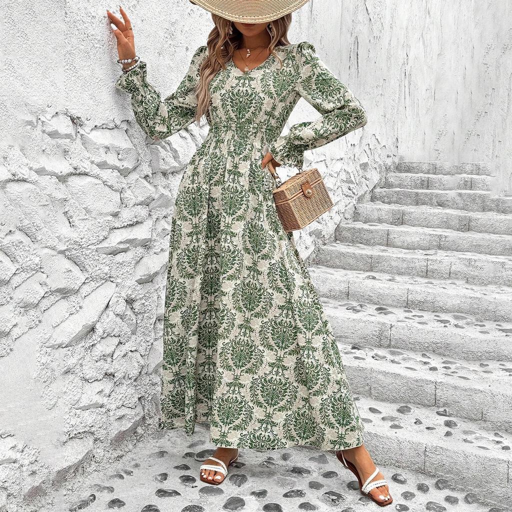 Women Spring Long Sleeve Floral Print V-neck Dress Summer Casual A-Line Ankle-Length Elastic High Waist Dresses