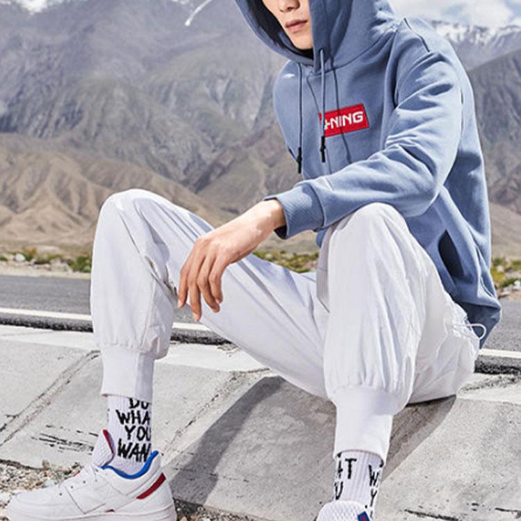 Li Ning Sports Fashion Series Fleece Warm Loose Hooded Sweatshirt Men Outerwear Blue AWDRE28-4