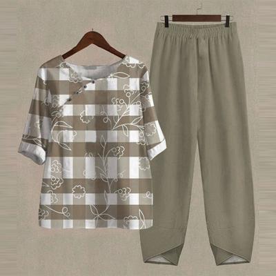 Conjunto de calças com cintura elástica, moda feminina, gola redonda, estampa xadrez floral, perna larga, roupa de harém