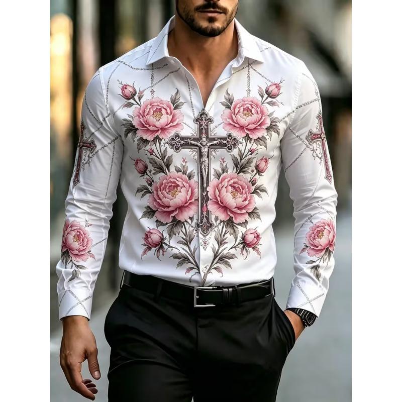 New Men's Long Sleeve Shirt Smooth Satin Collar Vacation Top