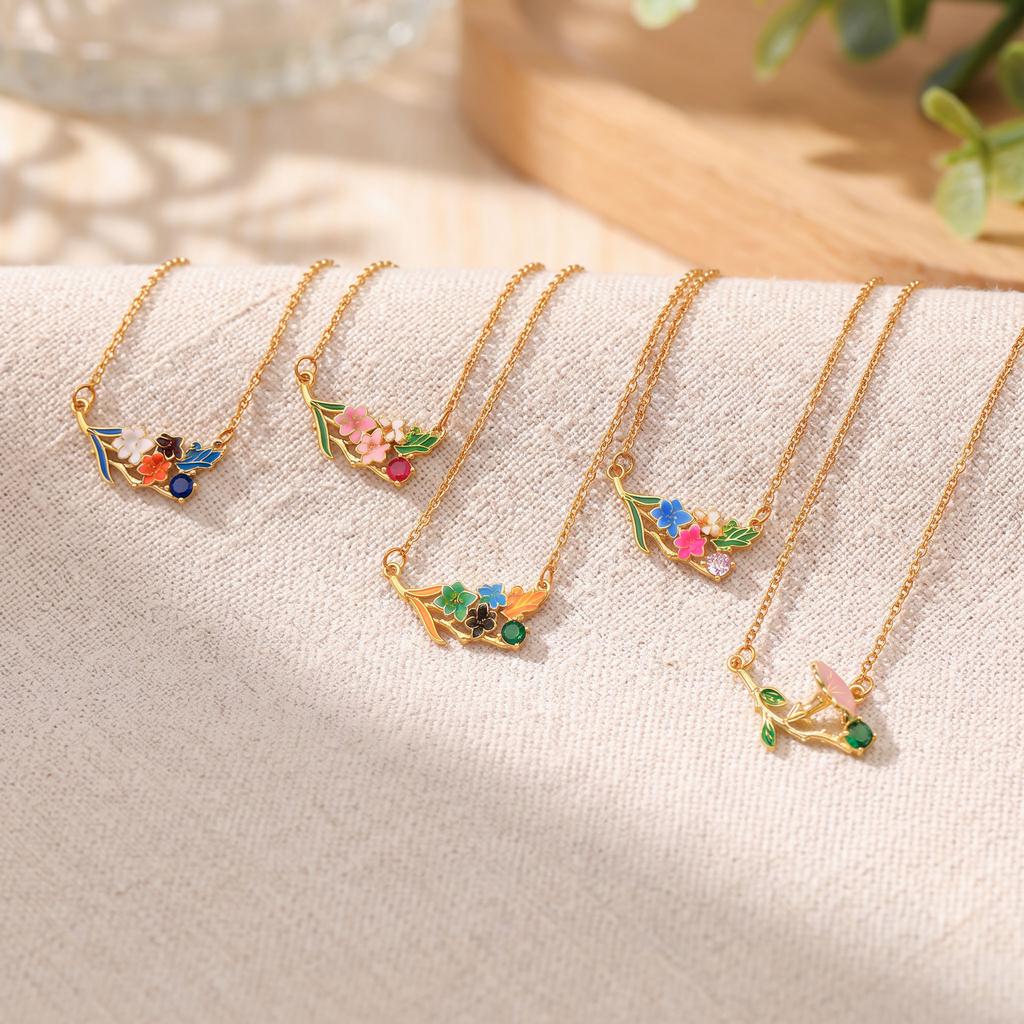 Necklace New Chinese Enamel Flower Branch Necklace Women's Summer Small Fresh Titanium Steel Necklace Fashion ins Clavicle Chain