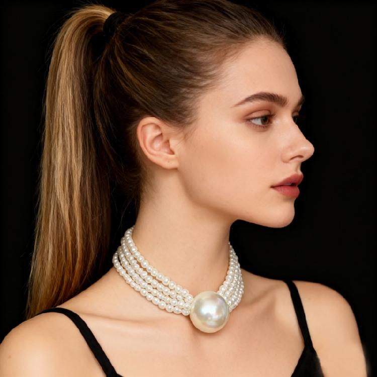 Elegant Layer Imitation Pearls Statement Necklace Large Bead Detailing For Neck Outfits