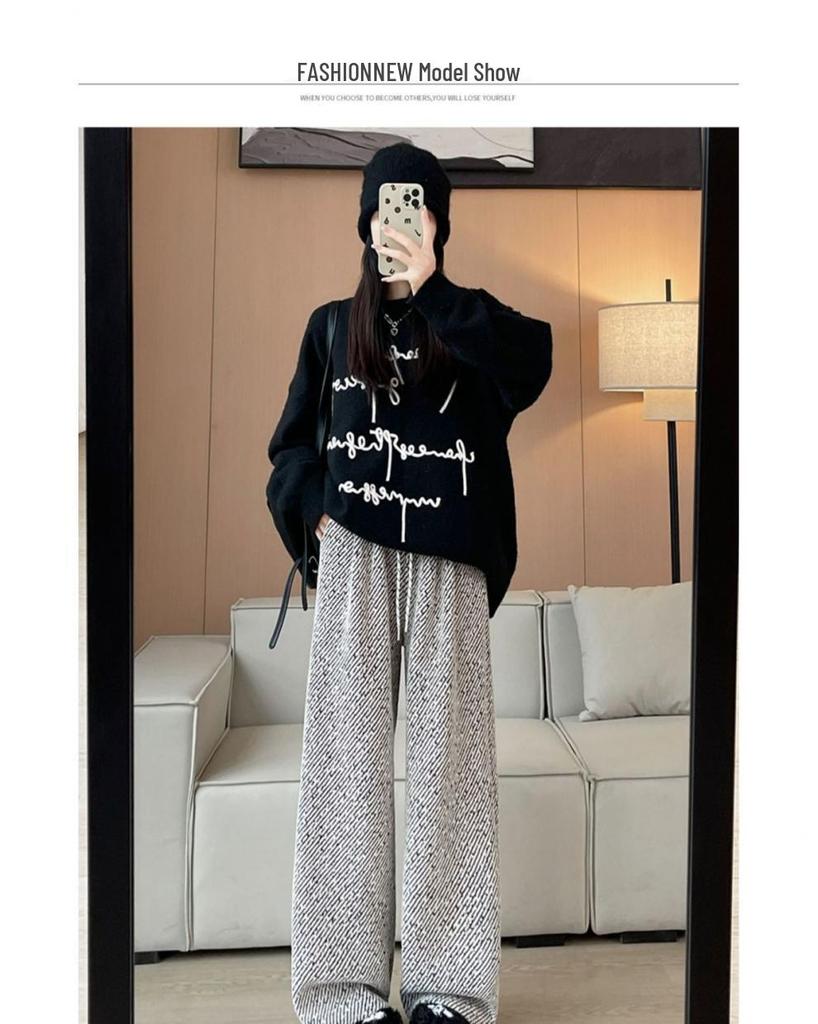 Relaxed Women's Chenille Fleece Striped Wide-Leg Pants for Autumn/Winter