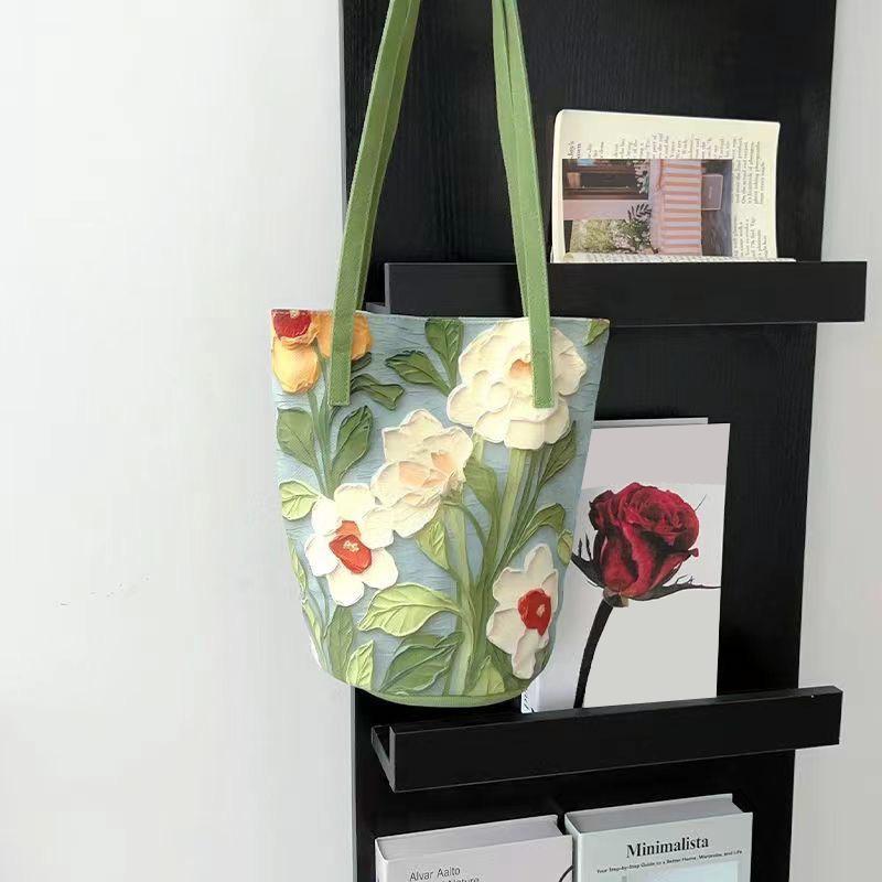 Yogodlns Nová Módní Květinový Vzor Kbelíková Taška Plátěná Ležérní Taška přes Rameno Velká Kapacita Kreativní Kabelka pro Ženy