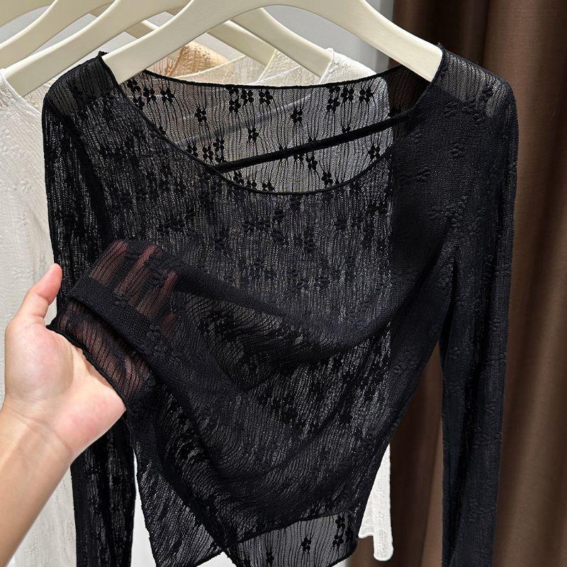 Sweet-Spicy Crew Neck Lace T-Shirt Sun-Protective Thin Layered Outer-Wear Summer Beach Air-Conditioning Sheer Long-Sleeve Cover-Up Top