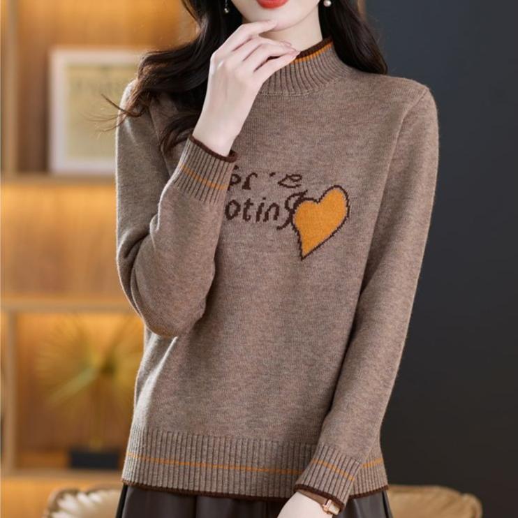 Women's Thickened Wool Sweater Autumn Winter Half-High Neck Printed Wool Sweater Loose Knit Pullover Top