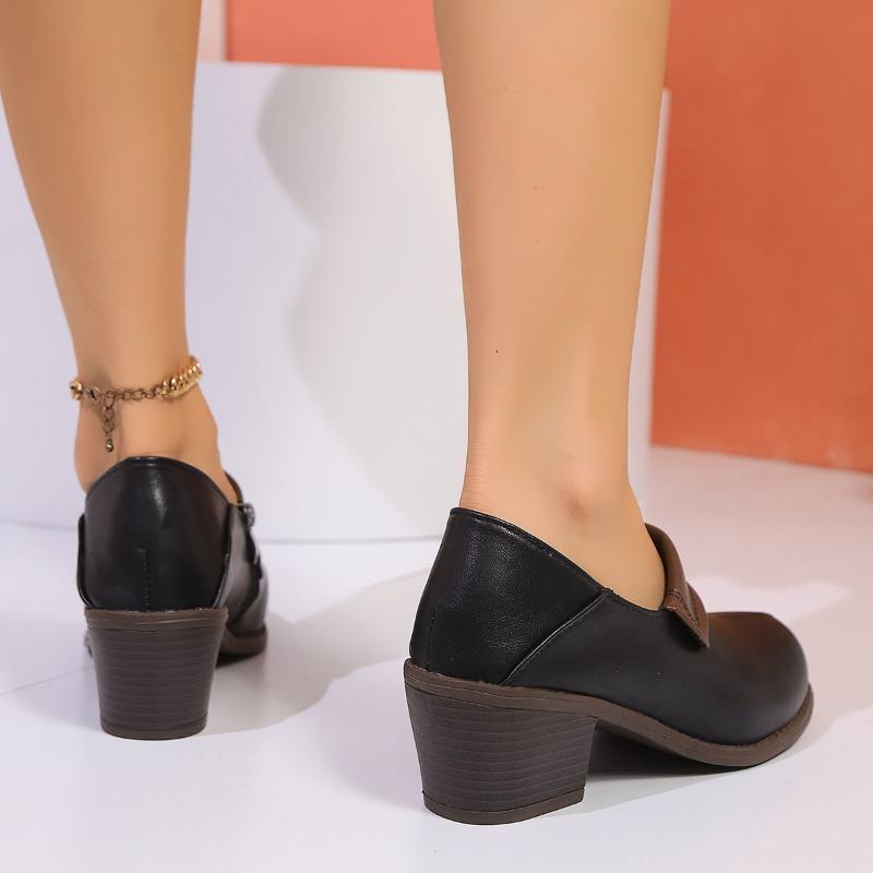 Fashion Women's Coarse Heel Shoes Autumn New Round Head Color Matching Side Zipper Anti-slip Wear-resistant Low-top Shoes