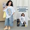 Girls' Summer Set 2026 New Style Children's Fashionable and Stylish Medium to Large Children's Loose Short sleeved Cowboy Shorts Two Piece Set