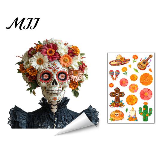 Celebration Accessories Day of The Dead Window Clings, Halloween Double-Sided Skull Sticker, Decals Colorful Flower Skeleton Static for Mexican House