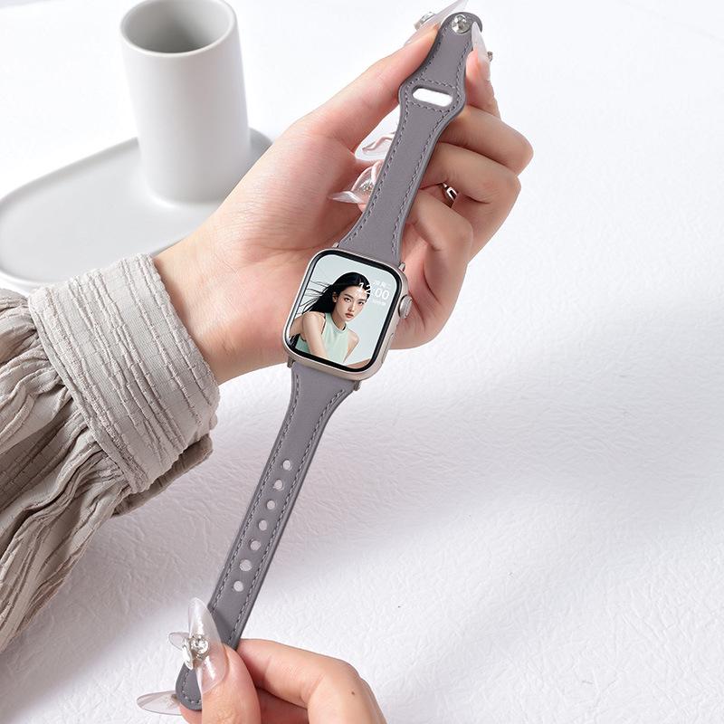 Compatible with Apple iWatch S10, Xiaomi 89Pro, Redmi 4, Huawei GT5: Women's Studded Small Waist Genuine Leather Watch Band