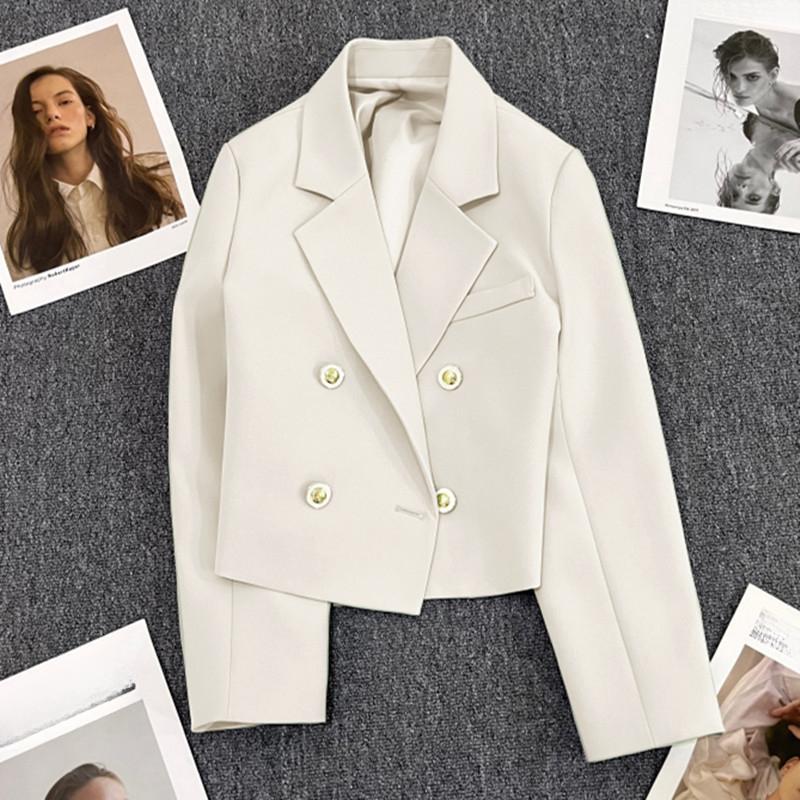 Spring Women Breasted Office Cropped Blazer Lapel Solid Color Long Sleeve Double Jacket Suit Coat