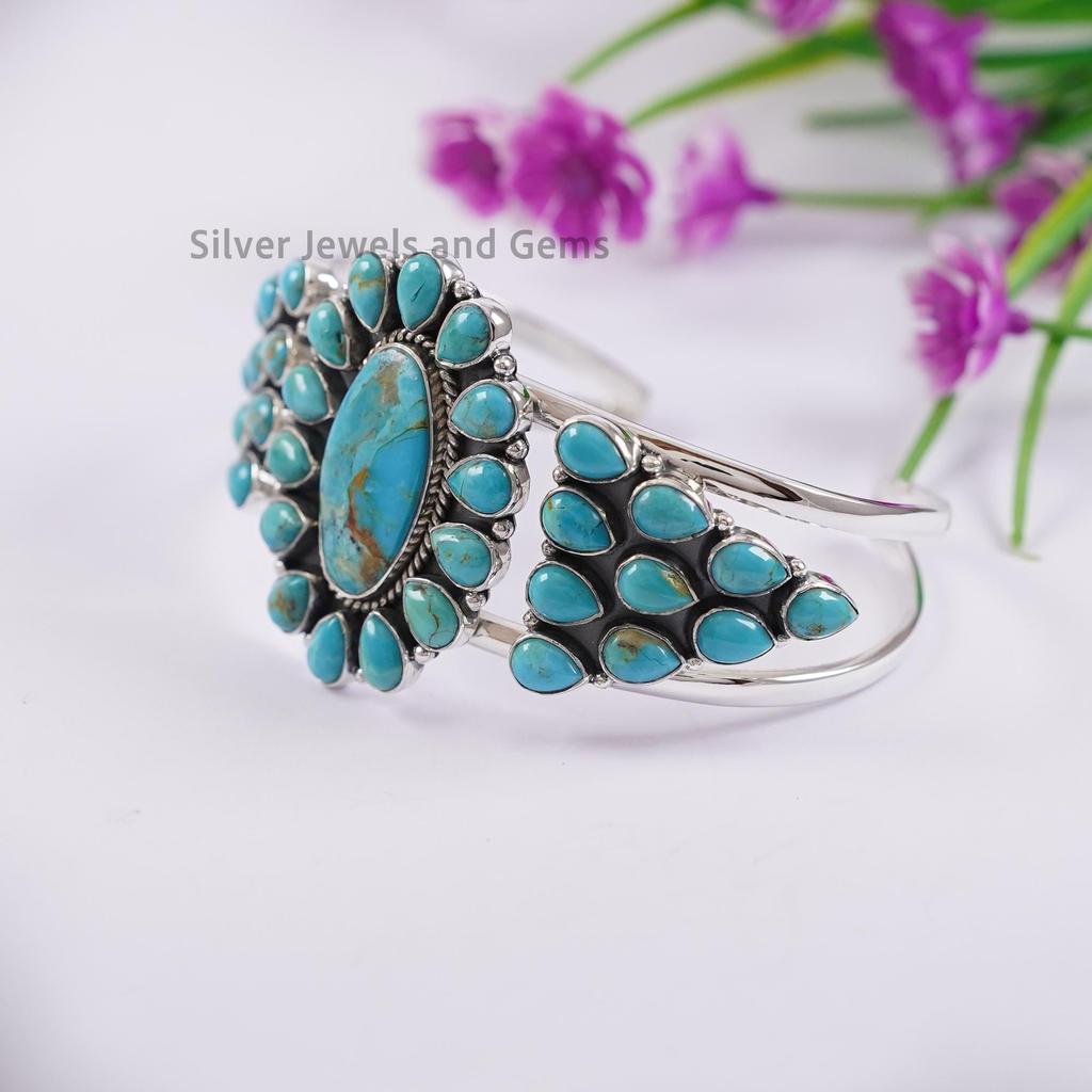 Kingman Turquoise Cuff Bracelet, Long Oval Turquoise Bracelet, 925 Sterling Silver Gemstone Boho Bangle, Statement Bracelet