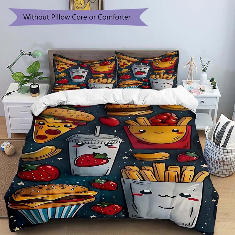 

3pcs Anime Fast Food Kawaii Bedding Set - Includes One Quilt Cover and Two Pillowcases (No Core) - Cute Cartoon Design for Bedroom Decor - Perfect Gif 135x200cm