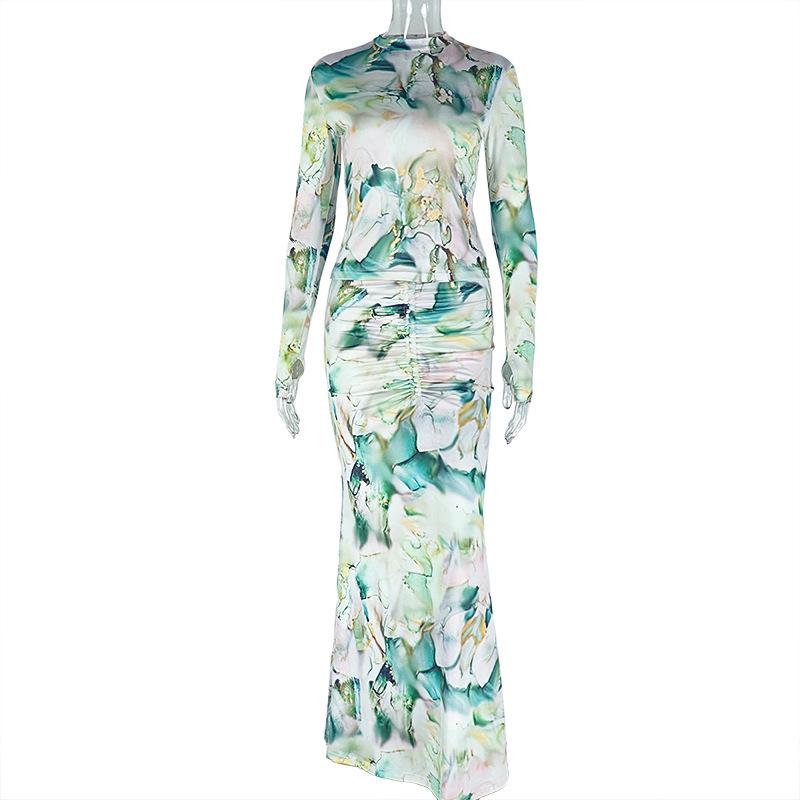 European Cross-Border Print Slim-Fit Skirt Suit: Mesh Long Skirt & High Neck Top - Trendy Casual Commuter Women's Two-Piece