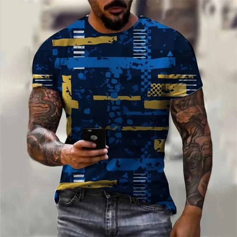 Pánské barevné tričko s geometrickým vzorem Color Block 3D potištěná trička Letní pouliční s krátkým rukávem s kulatým výstřihem Volná trička