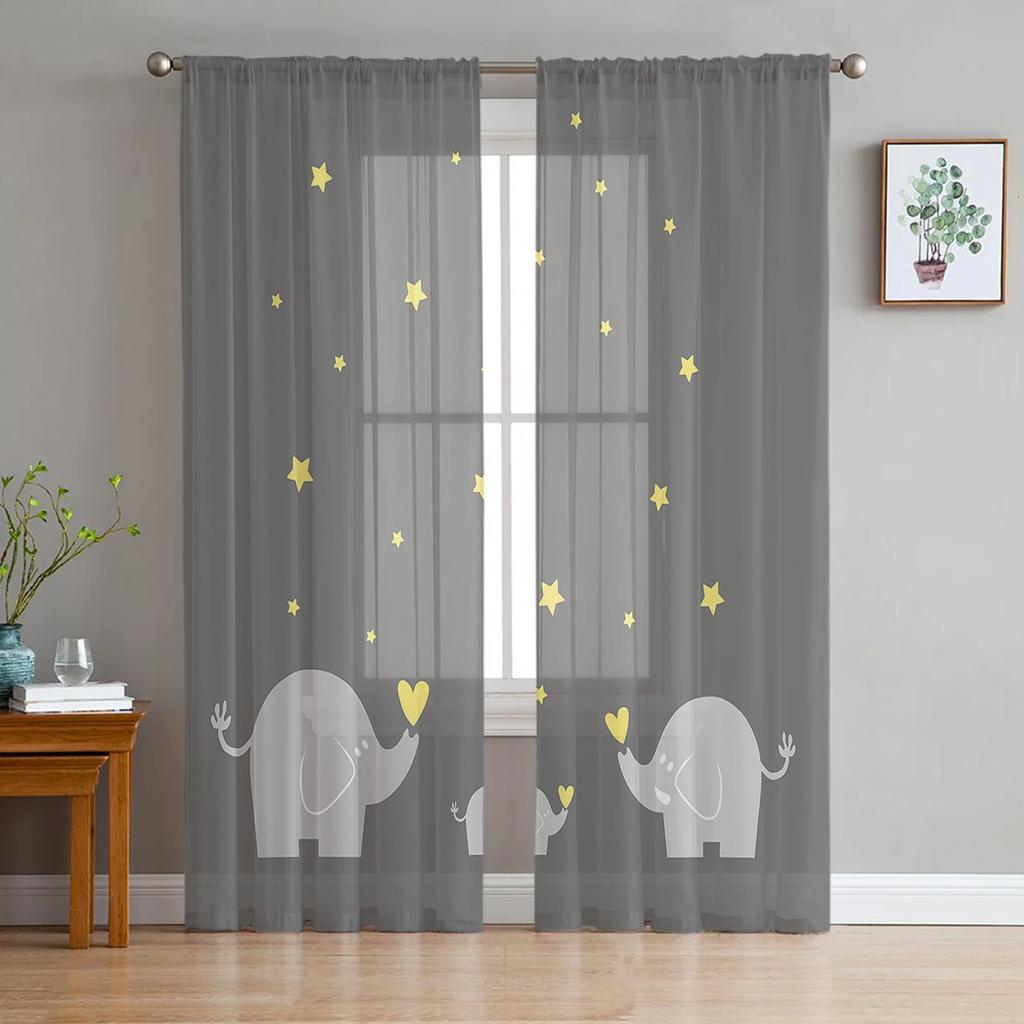 Elephant Big Stupid Bird Heart Gray Blue Curtains Living Room Bedroom Decoration Window Voiles Morning Tulle Curtain Sheer Polyester Sitting Decor