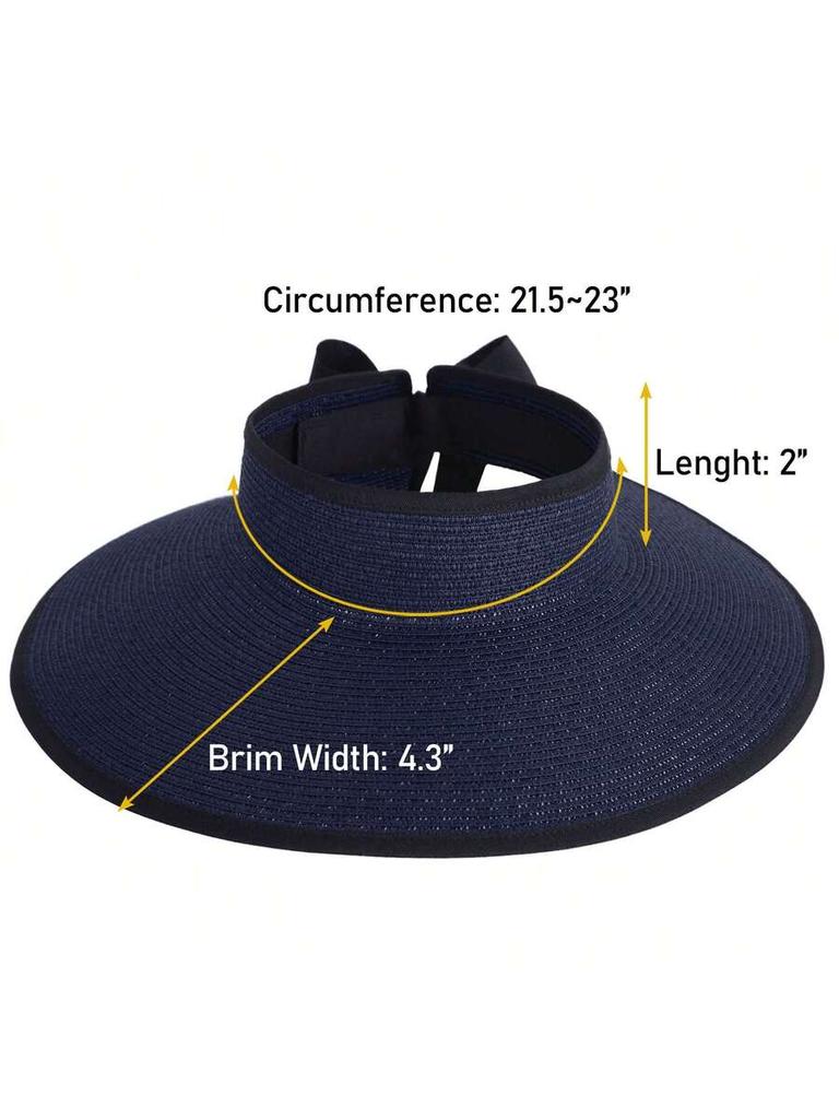 Women Wide Brim Roll Up Sun Visor Hat UV Protection Packable Ponytail Beach Straw Hat