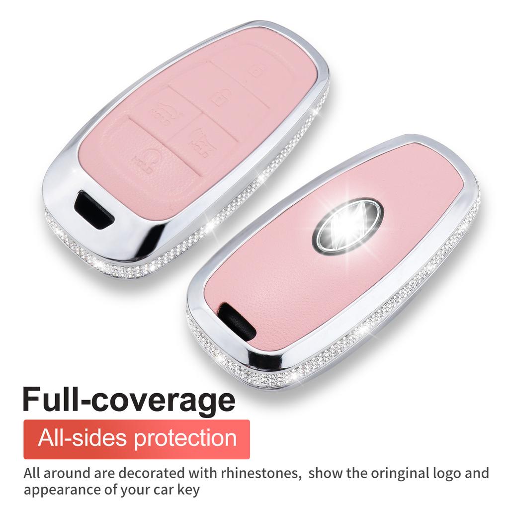 For Hyundai Key Fob Cover with Keychain, Pink Genuine Leather Crystal Key Case Protection Shell Compatible with 2019 2020 2021 2