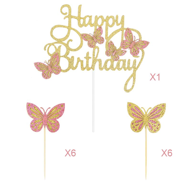 13Pcs Pink Butterfly Happy Birthday Cake Topper Kids Girl 1st Birthday Party Cake Decoration Dessert Cupcake Topper Supplies