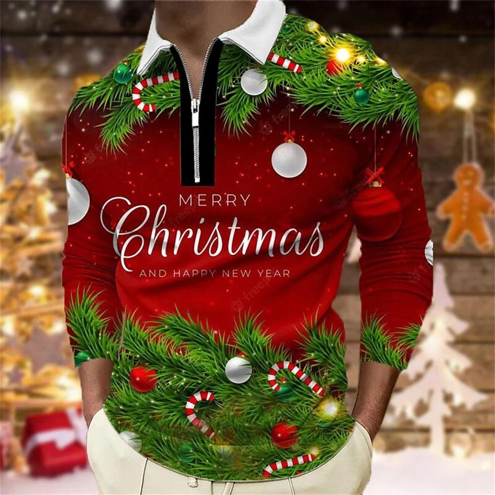 Father Christmas cartoon pattern digital 3D printing polo shirt large size loose men's zip lapel shirt