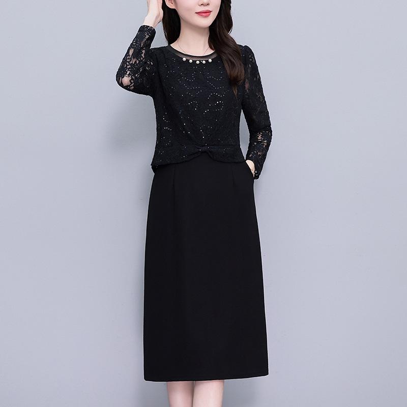 Plus Size Black Sequin Lace Two-Piece Long Sleeve Dress for Women – Slimming Spring/Autumn Style