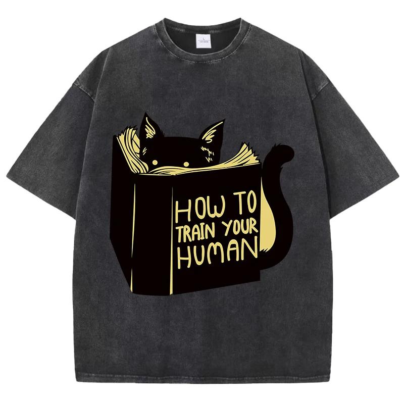 Smart Cat Reading Print T-shirt Men's and Women's Summer Breathable Shirt Water Wash Vintage Fashion Short Sleeve Soft T-shirt