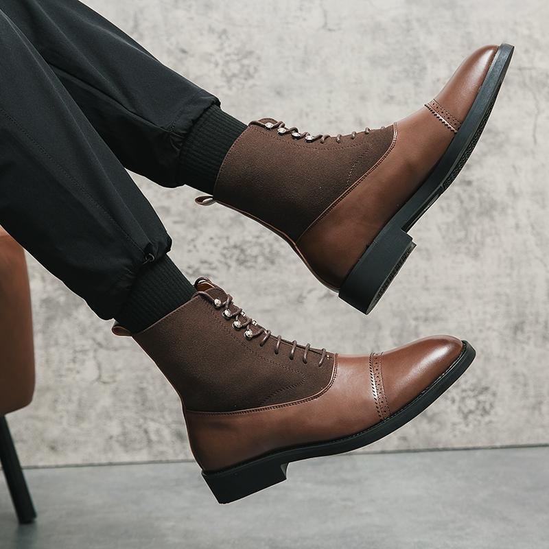 Fashion New Brown Men Short Boots Black Flock Lace-up Square Toe Business Ankle Boots for Men Bottes Pour Hommes