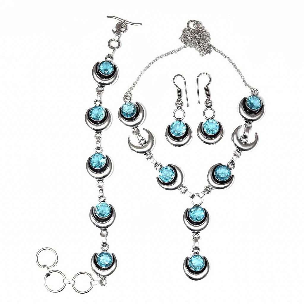 Swiss Blue Quartz Gemstone Women's Unisex Jewelry Necklace Set 18-20''