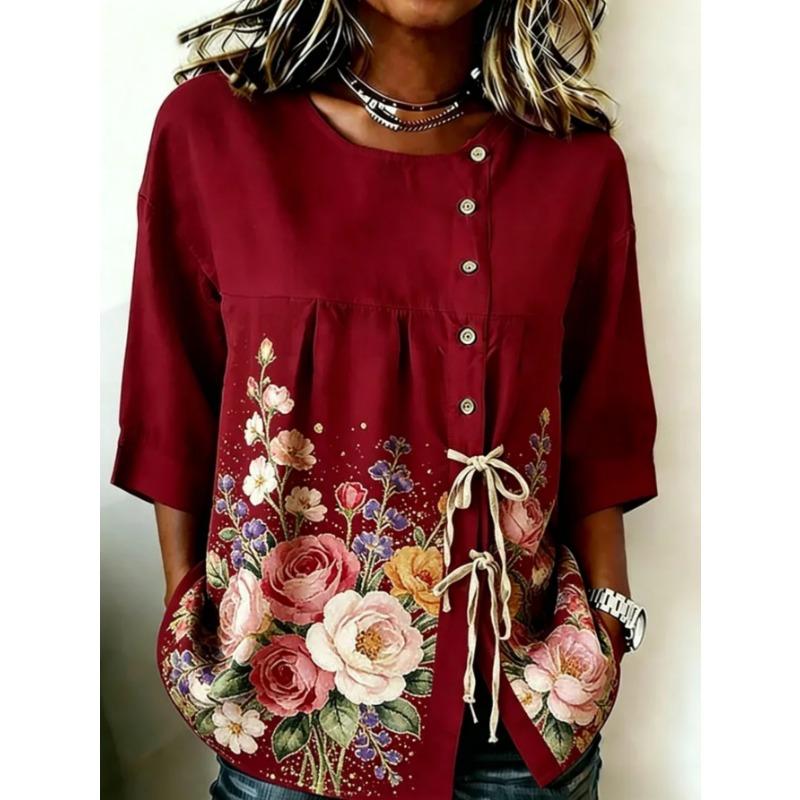 Women's printed lace-up short-sleeved blouse, fashionable and versatile, comfortable and skin-friendly, machine washable.