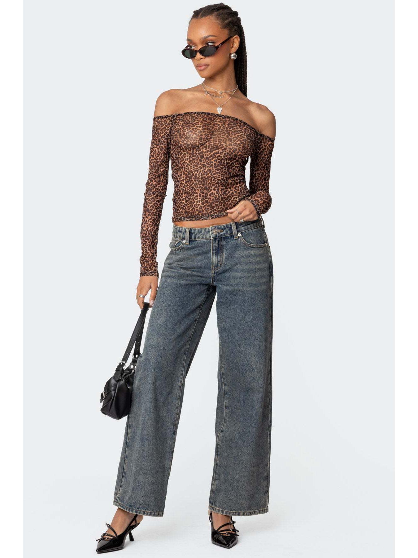 European & American Heart Leopard Print Low-Waist Wide-Leg Jeans Large