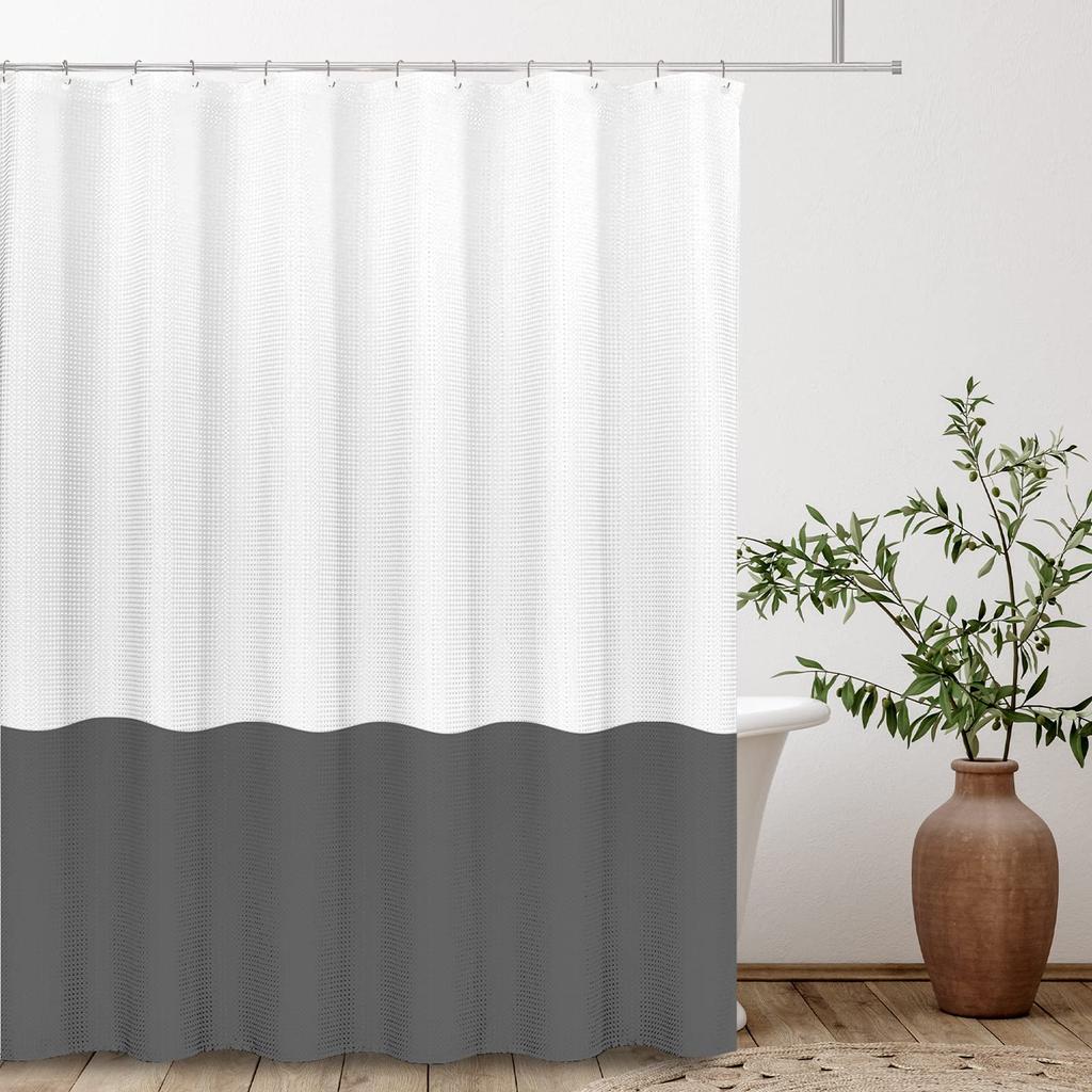 White Sage Green 2 Color Splicing Shower Curtain, Texture Fabric Bathroom Decor Waterproof Fabric Shower Curtian Sets With Hooks