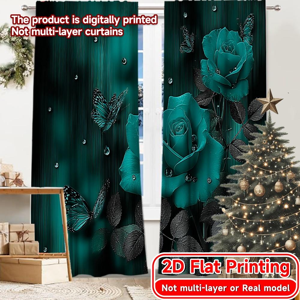 

2D FLAT PRINTING 2pcs Curtains (Without Rod) Blue Roses and Butterflies Saint Patrick is Day Festival Creative Curtains 100*130 HOOK 1pcs