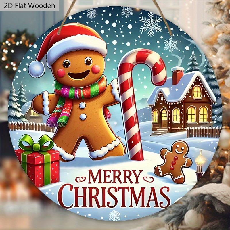 Rustykalny Świąteczny Drewniany Znak ze Wzorem Piernika - Wesołych Świąt Okrągły Znak na Drzwi Wejściowe, Dekoracja Ścienna - Idealna Dekoracja Świąteczna